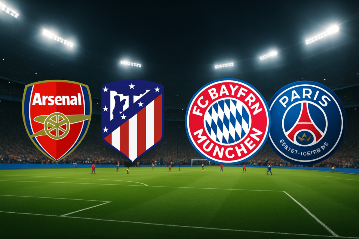 Ilustrasi pertandingan semifinal Liga Champions 2025 antara Arsenal vs Atletico Madrid dan Bayern Munchen vs PSG di stadion penuh penonton
