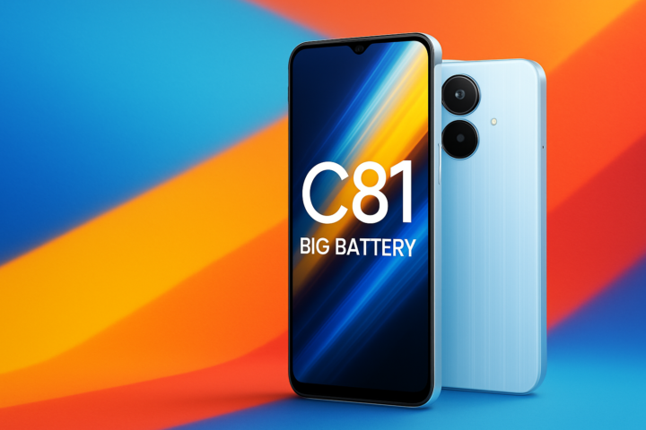 Realme C81 smartphone menampilkan layar luas dan kapasitas baterai besar