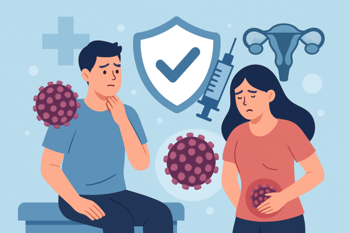 Ilustrasi virus HPV yang mengancam laki-laki dan perempuan dengan simbol vaksinasi