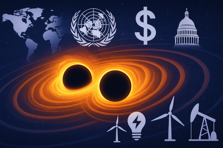 Ilustrasi tabrakan dua lubang hitam raksasa dengan latar simbol politik dan energi global