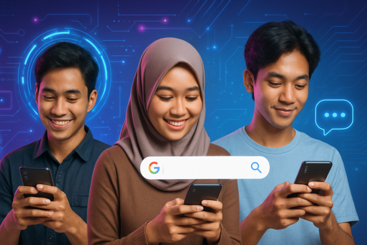 Generasi Z Indonesia menggunakan smartphone dengan antarmuka pencarian Google berbasis AI