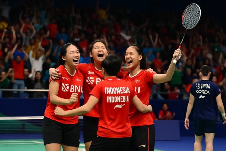Tim bulu tangkis putri Indonesia merayakan kemenangan melawan Korea Selatan di babak perempatfinal Uber Cup 2026