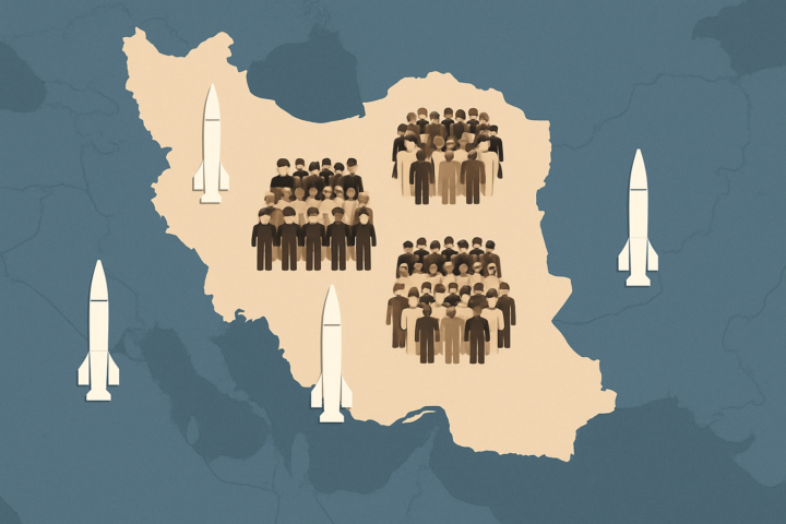 Ilustrasi peta Iran dengan ikon rudal dan massa sukarelawan menunjukkan persiapan militer besar