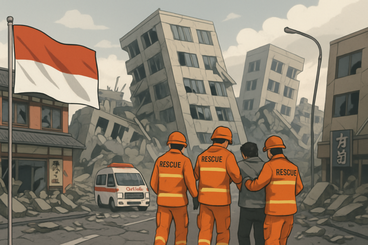 Ilustrasi kondisi gempa di Jepang dengan simbol bantuan bagi WNI