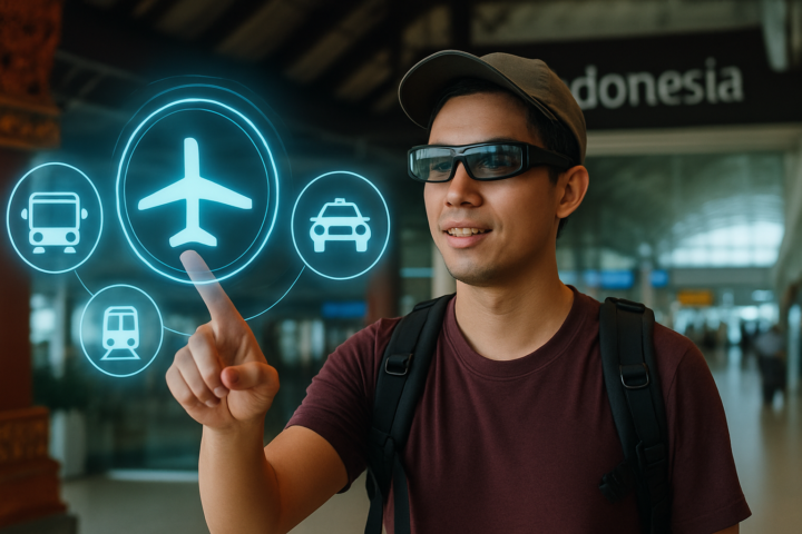 Traveler memakai kacamata pintar Rokid dengan latar belakang simbol transportasi di bandara Indonesia