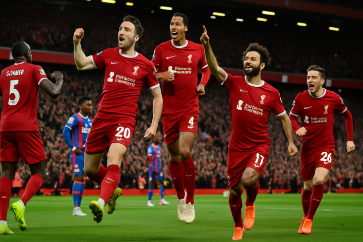Liverpool pemain merayakan kemenangan atas Crystal Palace di pertandingan Liga Premier Inggris