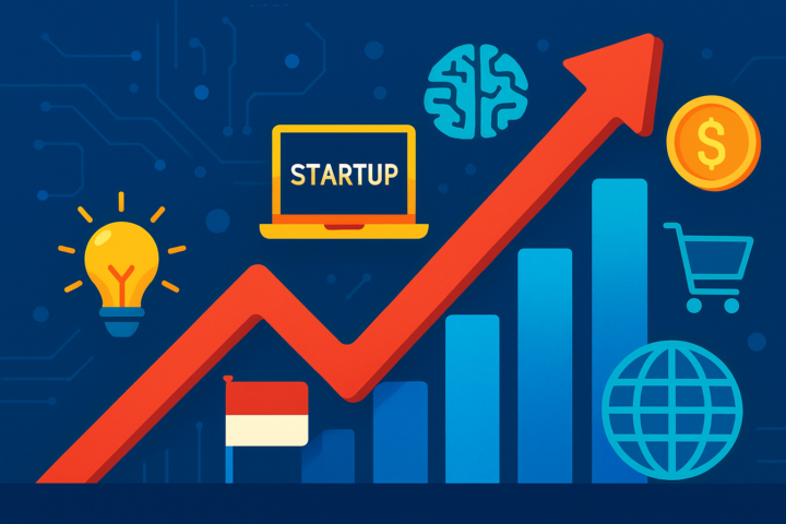 Ilustrasi pertumbuhan startup di Indonesia dengan ikon teknologi dan inovasi ekonomi digital