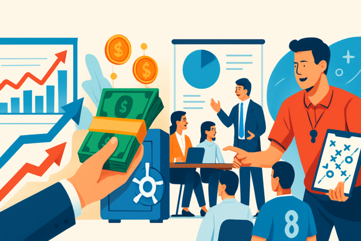 Ilustrasi manajemen keuangan dan kepemimpinan bisnis dengan grafik, rapat perusahaan, sistem pengelolaan kas, dan pelatih tim olahraga
