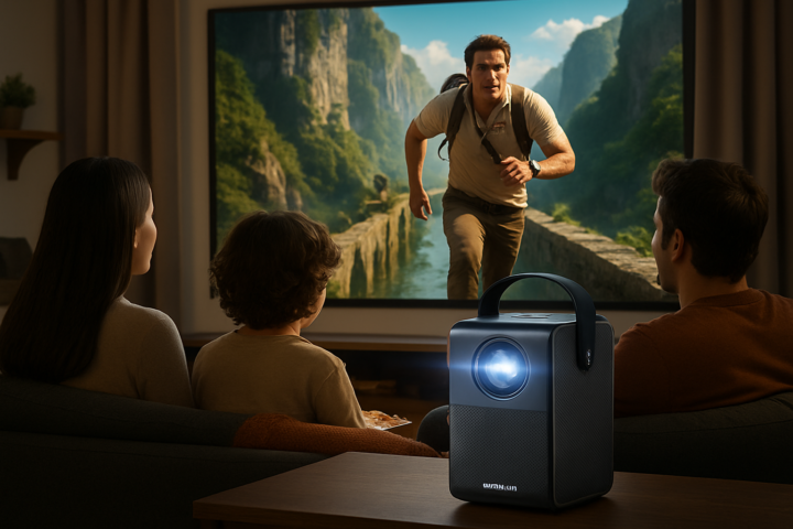 Portronics Beem 570 proyektor portabel menampilkan film Full HD di ruang keluarga