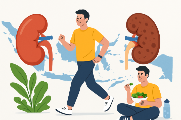 Ilustrasi ginjal sehat dan ginjal sakit dengan peta Indonesia dan anak muda