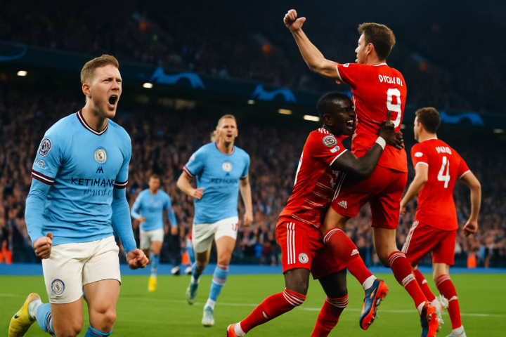 Pemain Manchester City dan Bayern Munich merayakan gol penting di pertandingan sepak bola Eropa