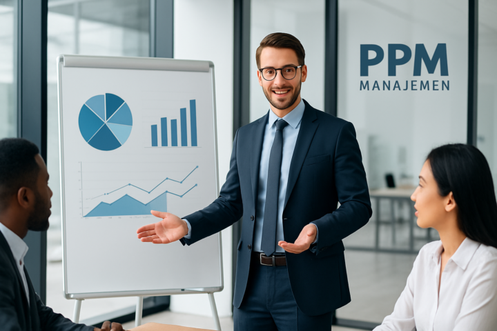 Konsultan manajemen profesional sedang mempresentasikan strategi di kantor modern PPM Manajemen