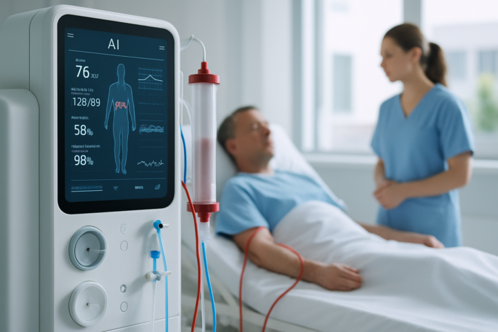 Mesin dialisis digital dengan teknologi AI menampilkan data biometrik real-time di fasilitas medis modern.
