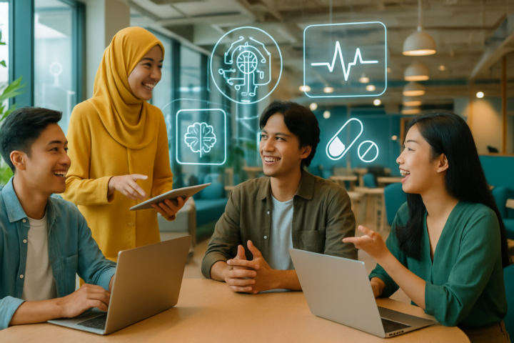 Suasana co-working space modern di Indonesia dengan pengusaha muda membahas startup teknologi dan kesehatan