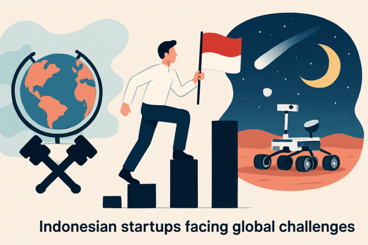Ilustrasi startups Indonesia menghadapi tantangan global termasuk geopolitik dan teknologi antariksa