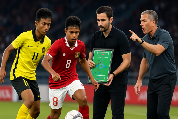 Pertandingan sepak bola ASEAN U17 antara Malaysia dan Indonesia dengan fokus pada manajemen tim dan pelatih di lapangan