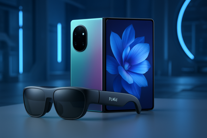 Rokid AI terbaru dan ponsel lipat Huawei Mate XT 2 dengan layar terbuka di latar teknologi modern