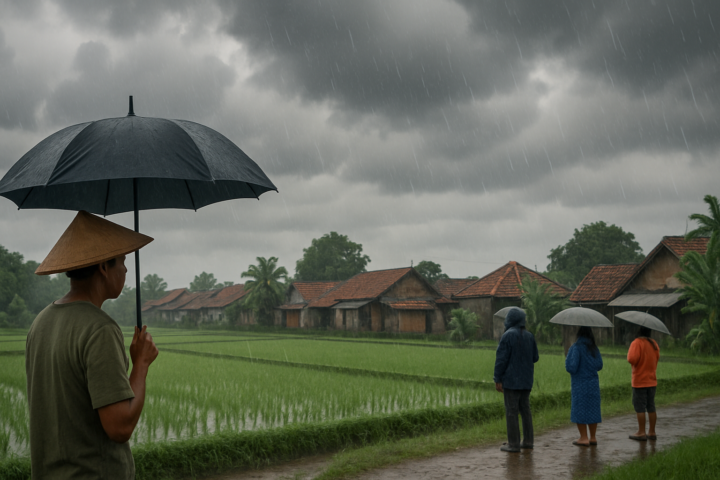 Cuaca di Pati menunjukkan awan tebal dan hujan ringan, aktivitas masyarakat dengan payung di tengah ladang padi