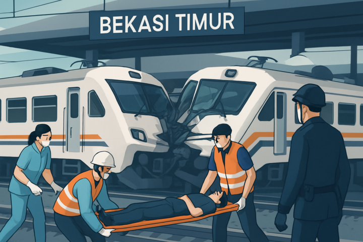 Evakuasi korban kecelakaan kereta di Stasiun Bekasi Timur dengan petugas medis dan kereta yang rusak