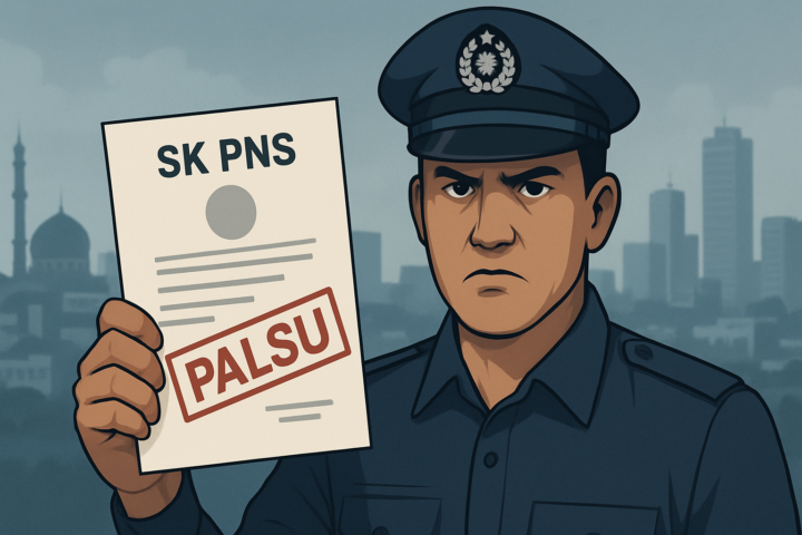 Polisi memegang dokumen SK PNS palsu dengan latar belakang kota Gresik