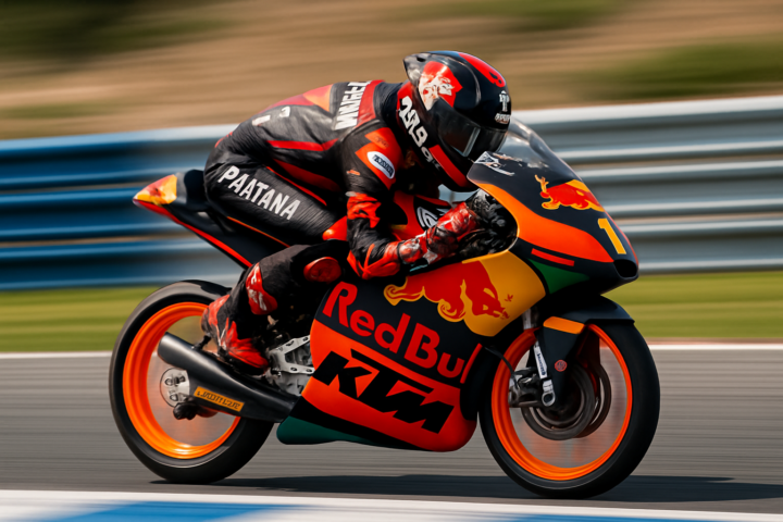 Veda Ega Pratama balapan di Moto3 Spanyol dengan motor Moto3 berlatar lintasan balap