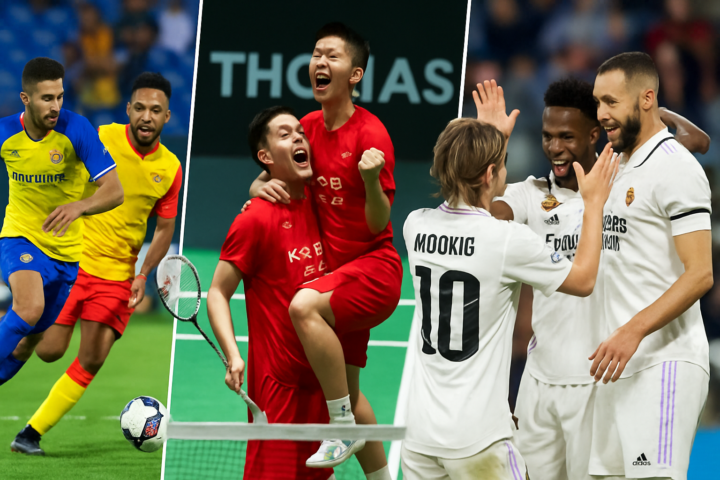 Kolase pertandingan sepak bola Al Nassr vs Al Qadsiah, pemain China juara Thomas Cup, dan selebrasi Real Madrid di La Liga