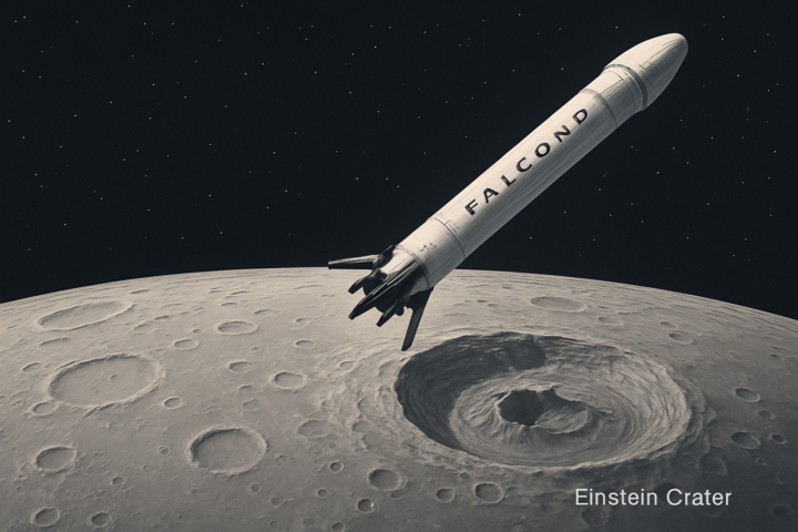 Puing roket Falcon 9 mendekati kawah Einstein di permukaan Bulan dalam ilustrasi