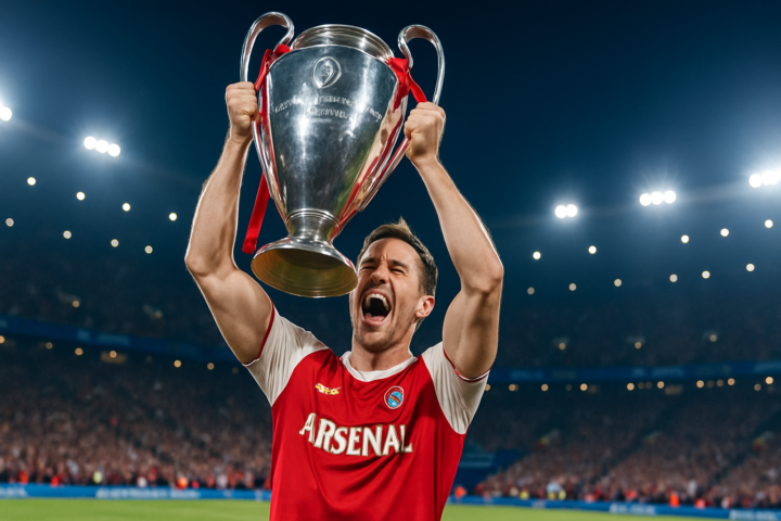 Pemain Arsenal merayakan keberhasilan lolos ke final Liga Champions dengan trofi dan suporter di stadion