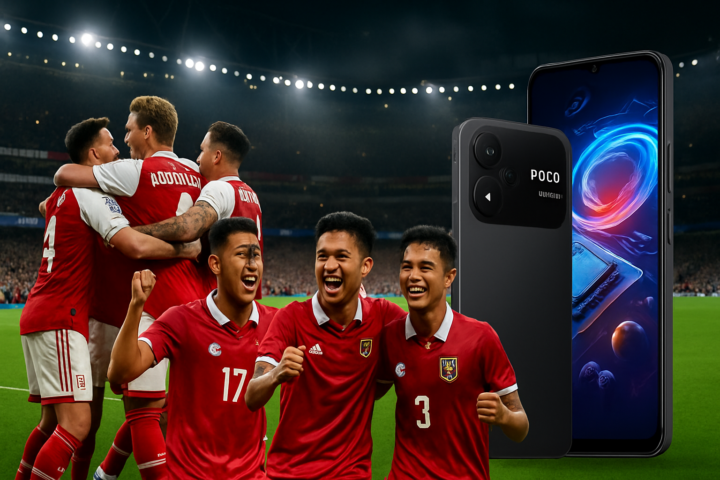 Arsenal celebrating victory, Indonesia U-17 team celebrating a goal, and POCO C81 Pro smartphone on display