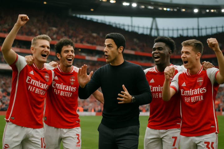 Pemain Arsenal merayakan kemenangan di lapangan dengan pelatih Mikel Arteta di sisi lapangan