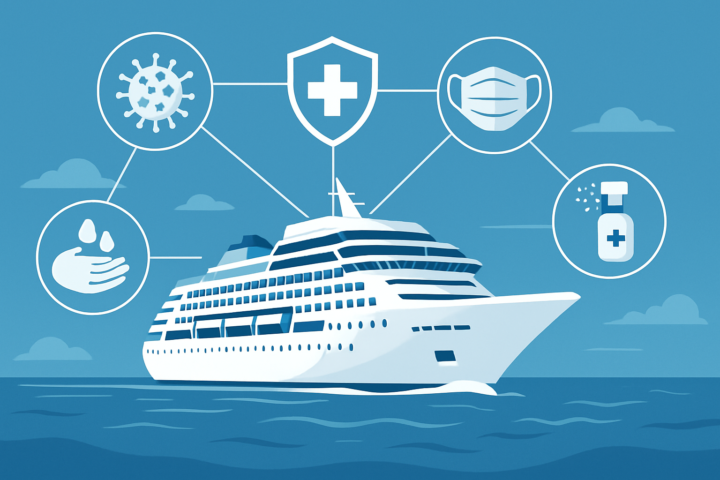Kapal pesiar di laut dengan icon teknologi kesehatan dan simbol pencegahan virus