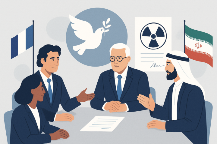 Ilustrasi pertemuan diplomatik antara pemimpin dunia membahas kesepakatan nuklir dengan simbol perdamaian dan negosiasi