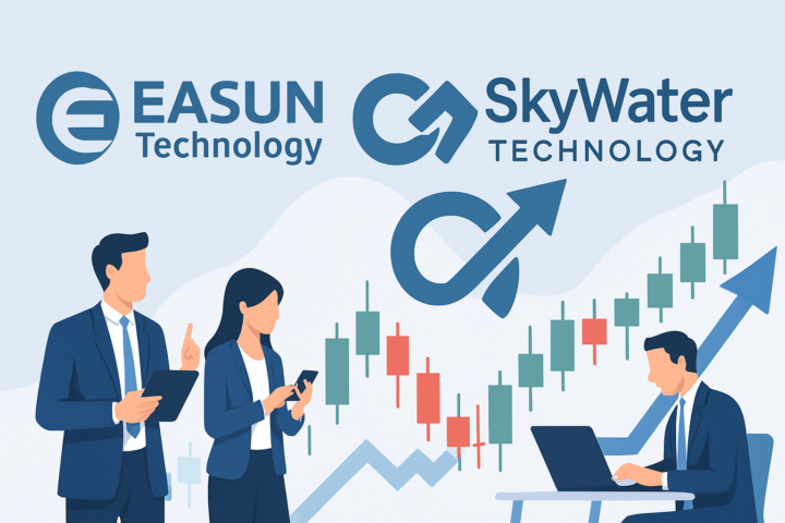 Logo Eason Technology dan Skywater Technology dengan grafik perdagangan saham dan simbol merger