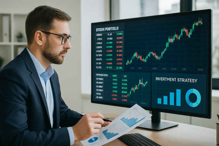 Manajer investasi Hillcon Equity Management menganalisis portofolio saham di layar digital