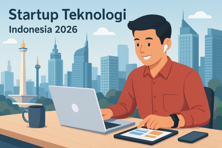 Startup teknologi Indonesia 2026 dengan pengusaha muda menggunakan perangkat digital di kota Jakarta