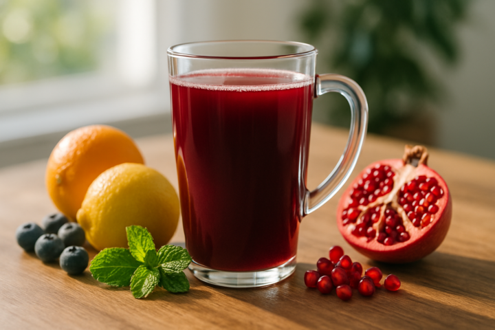 Minuman pagi sehat penuh antioksidan dengan bahan alami di gelas, siap untuk menjaga awet muda