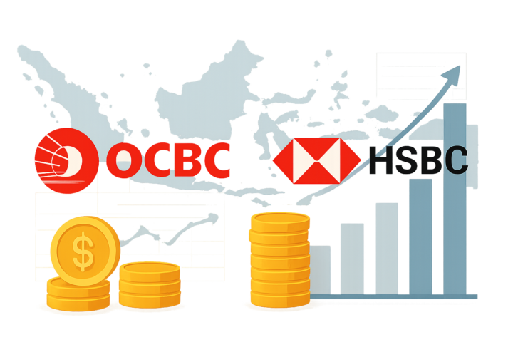 Logo OCBC dan HSBC dengan grafik pertumbuhan aset wealth management