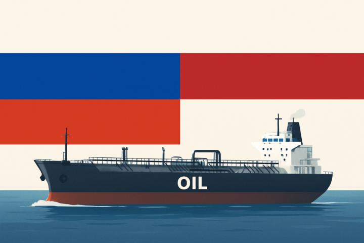 Tanker minyak berlayar dengan bendera Rusia dan Indonesia sebagai simbol kerjasama pasokan minyak mentah