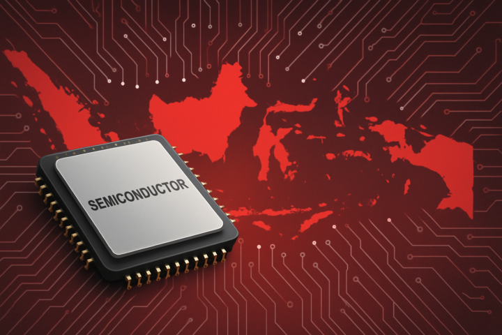 Cip semikonduktor modern dengan peta Indonesia dan pola rangkaian teknologi sebagai simbol kekuatan industri dan rantai pasok