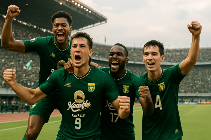 Persebaya Surabaya players celebrating victory against PSBS Biak with fans cheering