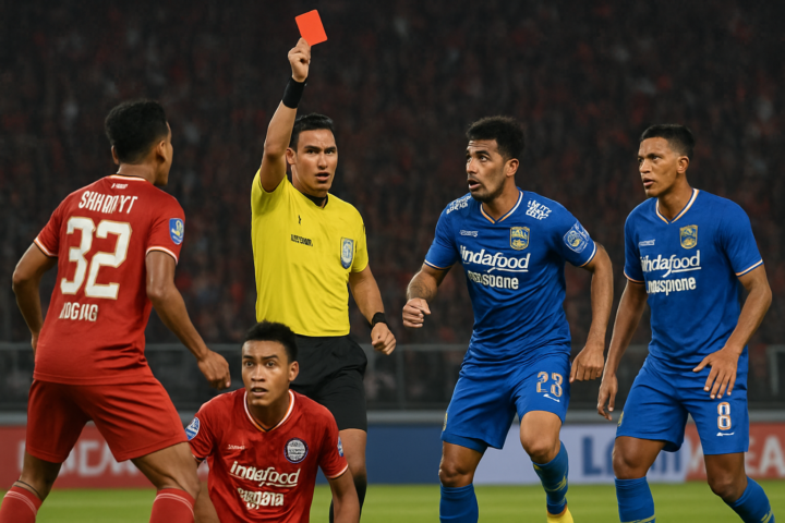 Pemain Persija dan Persib beraksi di lapangan dengan wasit mengacungkan kartu merah
