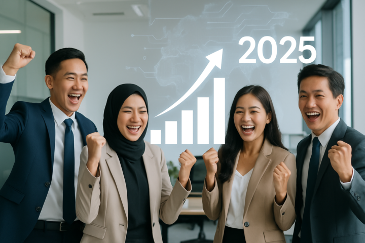 Tim bisnis PTC merayakan kinerja solid tahun 2025 dengan latar kantor modern dan grafik pertumbuhan