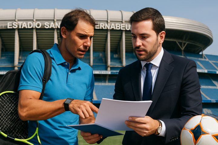 Rafa Nadal dan Enrique Riquelme dengan latar belakang stadion Real Madrid terkait pemilu ketua klub