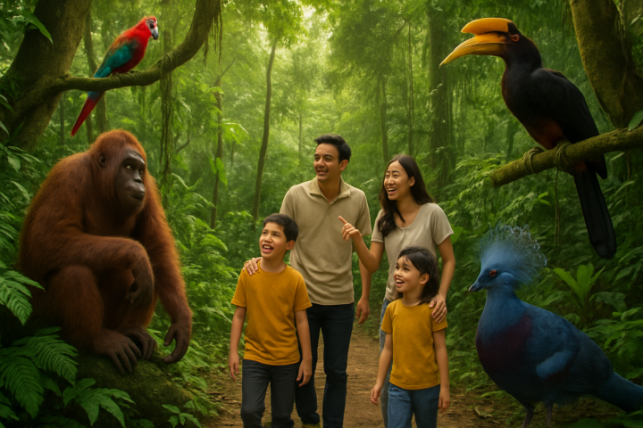 Keluarga menikmati wisata edukasi hutan Papua di Faunaland Ancol dengan latar belakang flora dan fauna khas Papua