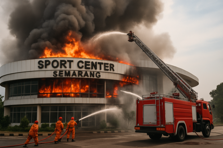 Kebakaran di Sport Center Semarang dengan tim pemadam kebakaran berusaha memadamkan api