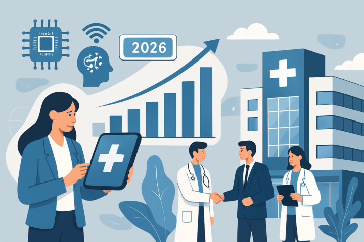 Ilustrasi inovasi dan manajemen di industri digital dan kesehatan tahun 2026 dengan teknologi modern dan fasilitas medis canggih