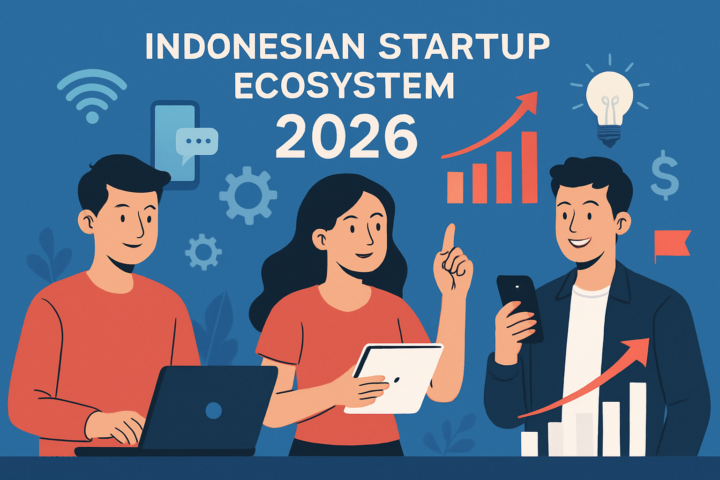 Ilustrasi ekosistem startup Indonesia 2026 dengan pengusaha muda dan ikon teknologi digital