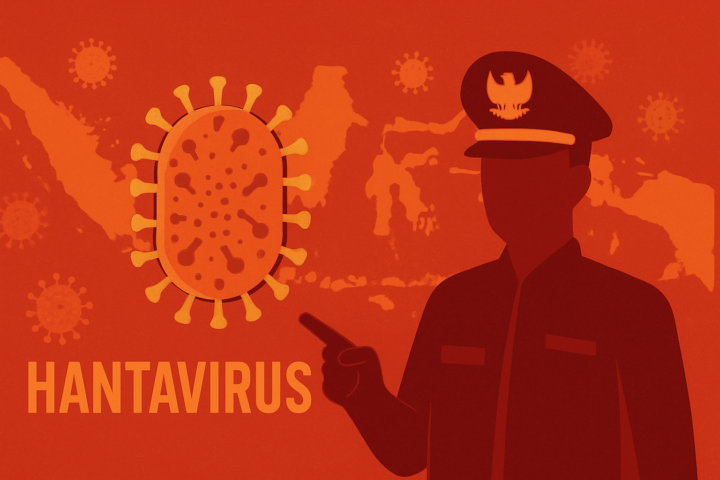 Ilustrasi virus hantavirus dan peta Indonesia yang menunjukkan kewaspadaan pemerintah