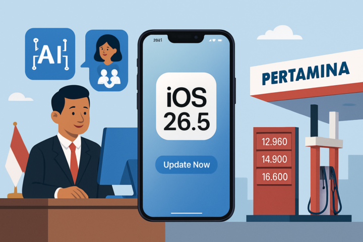 Gambar ilustrasi teknologi AI untuk bansos, pembaruan iOS 26.5 iPhone, dan penyesuaian harga BBM Pertamina Mei 2026