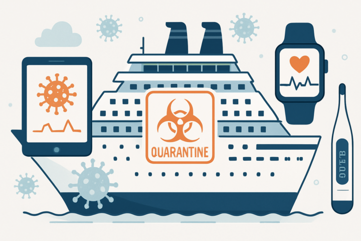 Kapal pesiar dengan simbol karantina medis dan perangkat teknologi kesehatan untuk pengendalian wabah hantavirus